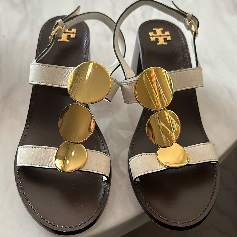 Tory Burch White Leather Wedge Sandals with Gold Discs